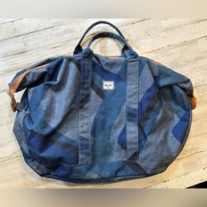 Herschel Supply & Co. “Ryder” Duffle Bag blue shapes brown leather trim 23x15!